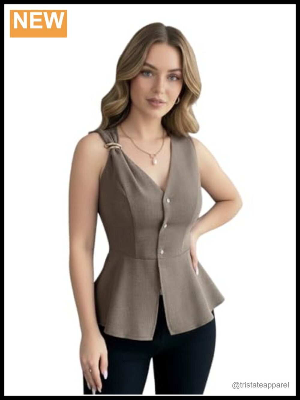 Women's Elegant Peplum Button Down V Neck Sleeveless Blouse